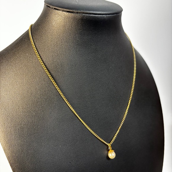 Pendant Necklace Gold Tone Delicate Single Imitation Pearl - Picture 4 of 5